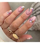 24 Pcs Short Fake Nails Small Flower Press on Nails, Round Head Almond Shaped Press on Nails Full...