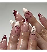 Almond Press on Nails Medium Glue on Nails Red French Fake Nails Cherry Bow False Nails White Hea...