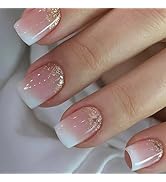 24Pcs French Press on Nails Short Square Fake Nails with Gradient Designs Gold Glitter Glue on Na...