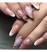 Pink Marble Press on Nails Medium Almond Fake Nails French Tip False Nails with Designs Pink Glit...