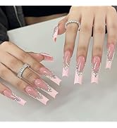 24Pcs Long Press on Nails Coffin French Tip Fake Nails with Rhinestone Bling Design Coffin Shaped...