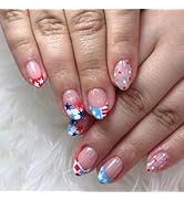 24Pcs 4th of July Press on Nails Short Round Independence Day Fake Nails with Designs French Tips...