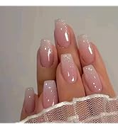 Pink Gradient Press on Nails Medium Square Fake Nails Pink Glue on nails Clear False Nails with D...