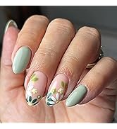 Flower Press on Nails,Full Cover Glossy False Nails Round Head Glue on Nails Almond Shaped Medium...