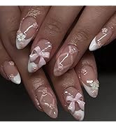 LPOODDNU Medium Almond Press on Nails White French Tips Pink Fake Nails with 3D Flower Bow Charms...