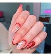 Christmas Press on Nails Short Pink Almond Fake Nails Glitter Glue on Nails Red French Tip False ...