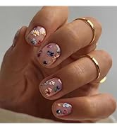 24Pcs Spring Nude Pink Press on Nails Short Square - SHANRUN Fake Nails Press ons with Flowers De...