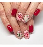 Christmas Press on Nails Short Square Fake Nails Red False Nails with Bow knot and Leaf Designs G...
