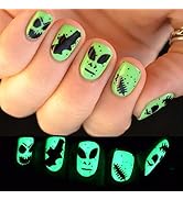 Halloween Press on Nails Short Square Fake Nails Glow in the Dark False Nails with Designs Scary ...