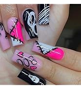 Halloween Press on Nails Medium Square Fake Nails Pink & Black False Nails with Designs Skull Coo...