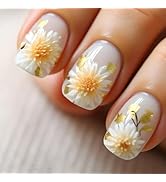 Daisy Gel Glue on Nail 24Pcs Summer Flower Press on Nails Chrysanthemum Acrylic Medium Square Fak...