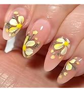 Tyuimhx Summer Yellow Flowers Press on Nails Medium Almond Fake Nail with Designs Yellow Floral F...