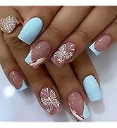 Square Press on Nails Medium Fake Nails French Gold Glitter Designs Butterfly False Nails Pink&Li...
