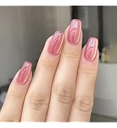Short Square Press on Nails Pink Cat Eye Fake Nails Squoval Finish False Nails with Design Full C...