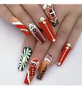 Christmas Press on Nails Long Coffin Fake Nails Xmas False Nails with Designs Doll and Rhinestone...