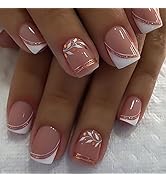 French Tip Press on Nails Short Square Fake Nails Nude Pink with Leaf deisgns Stick on Nails Glos...