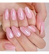 YOSOMK Pink Fake Nails Almond Medium Press on Nails with Designs Glossy Chrome False Nails Mirror...