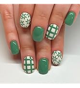 Tyuimhx Spring Summer Green Flowers Press on Nails Short Square Fake Nail with Line Designs Green...