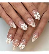 Medium Press on Nails Almond Glue on Nails 3D White Bow Pearls Fake Nails French Designs Acrylic ...