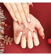 24Pcs Christmas/Xmas Press on Nails Almond Shape Medium Fake Nails Nude False Nails with Red Side...