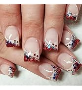 24Pcs 4th of July Press on Nails Short Square Nails French Tip Fake Nails with Glitter Independen...