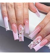French Long Press on Nails Ballerina Shape Fake Nails Pink Ombre Acrylic Nails Glitter with Frenc...