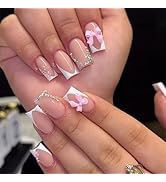 24 Pcs White French Tip Press on Nails Medium Coffin Shape Bow Fake Nails with Design Rhinestones...