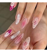 24Pcs Pink French Tip Press on Nails Medium Almond Nails Spring Summer Flower Fake Nails with 3D ...
