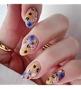 24Pcs Spring Flower Press on Nails Medium Almond Nails French Fake Nails with Bee Ladybug Glue on...