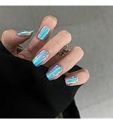 Blue Chrome Press on Nails Short Sqaure Fake Nails Cat Eye Acrylic Nails Shiny Glossy False Nails...
