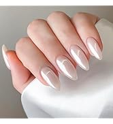 Medium Press on Nails Almond Fake Nails Pearl White False Nails Full Cover Acrylic Nails Glossy A...