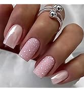 24 Pcs Medium Press on Nails Square Fake Nails Matte Pearlescent Pink False Nails with Sequin Des...