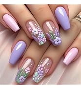 Tyuimhx 3D Flowers Press on Nails Short Coffin Fake Nails with Designs Purple Pink False Nails Fu...