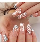 Christmas Press on Nails Medium Square Fake Nails Snowflakes Glitter False Nails with Design Silv...