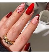 Christmas Press on Nails Medium Almond Fake Nails with Santa Hat Designs Red French Tips Glue on ...