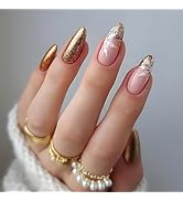 Christmas Fake Nails Medium Almond Gold Acrylic Nails French Tip Press on Nails Full Cover White ...