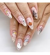 Halloween Press on Nails Almond Long Fake Nails with Spider Web Pumpkin Ghost Design Glue on Nail...