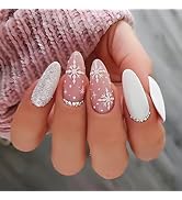 Christmas Press on Nails Medium Almond False Nails Pink Full Cover White Snowflake Fake Nails wit...
