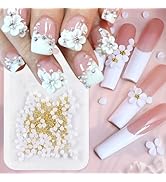 Flowers Nail Charms 3D Resin White Petals Charms for Acrylic Nails Gold Pearls Nail Gems and Rhin...