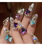 Almond Press on Nails Medium Bright False Nails Stiletto Handmade Glue on Nails with 3D Big Jewel...