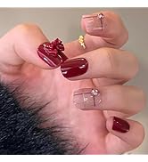 24 Pcs Claret Press on Nails Short Square - SHANRUN Rhinestones Fake Nails Press ons Nail Art Tip...