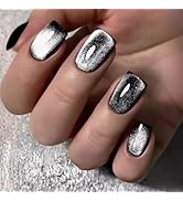 Black Press on Nails Short Square Fake Nails with Cat Eye Designs Glitter Full Cover Nails Press ...