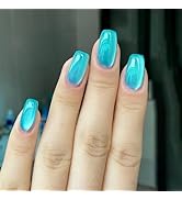 Blue Square Press on Nails Cat Eye Fake Nails Short Squoval False Nails with Design Full Cover Ac...