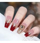 Apictseoo 24 Pcs Press on Nails False Nails Pink Red heart French Designs Coffin Fake Nails with ...