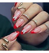 Valentine Press on Nails Red French Tip Fake Nails 3D Bow Glue on Nails Medium Almond False Nails...