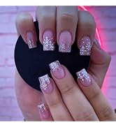Snowflake Press on Nails Short Square Fake Nails Christmas Press on Nails with Design Glitter Glo...
