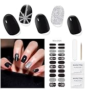 DUKASOU Gel Nail Strips for Women(No UV Light Needed), 22Pcs Black Silver Glitter Gel Nail Sticke...