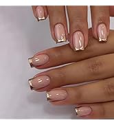 Gold French Tip Press on Nails Medium Fake Nails Square Shape False Nail Tips Full Cover Glue on ...