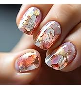 Flower Press on Nails Short Square Fake Nails Gold False Nails with Designs Glitter Glossy Full C...