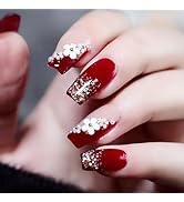 Red Press on Nails Short Coffin Fake Nails With White 3D Flowers Pearls Designs Glitter French Ti...